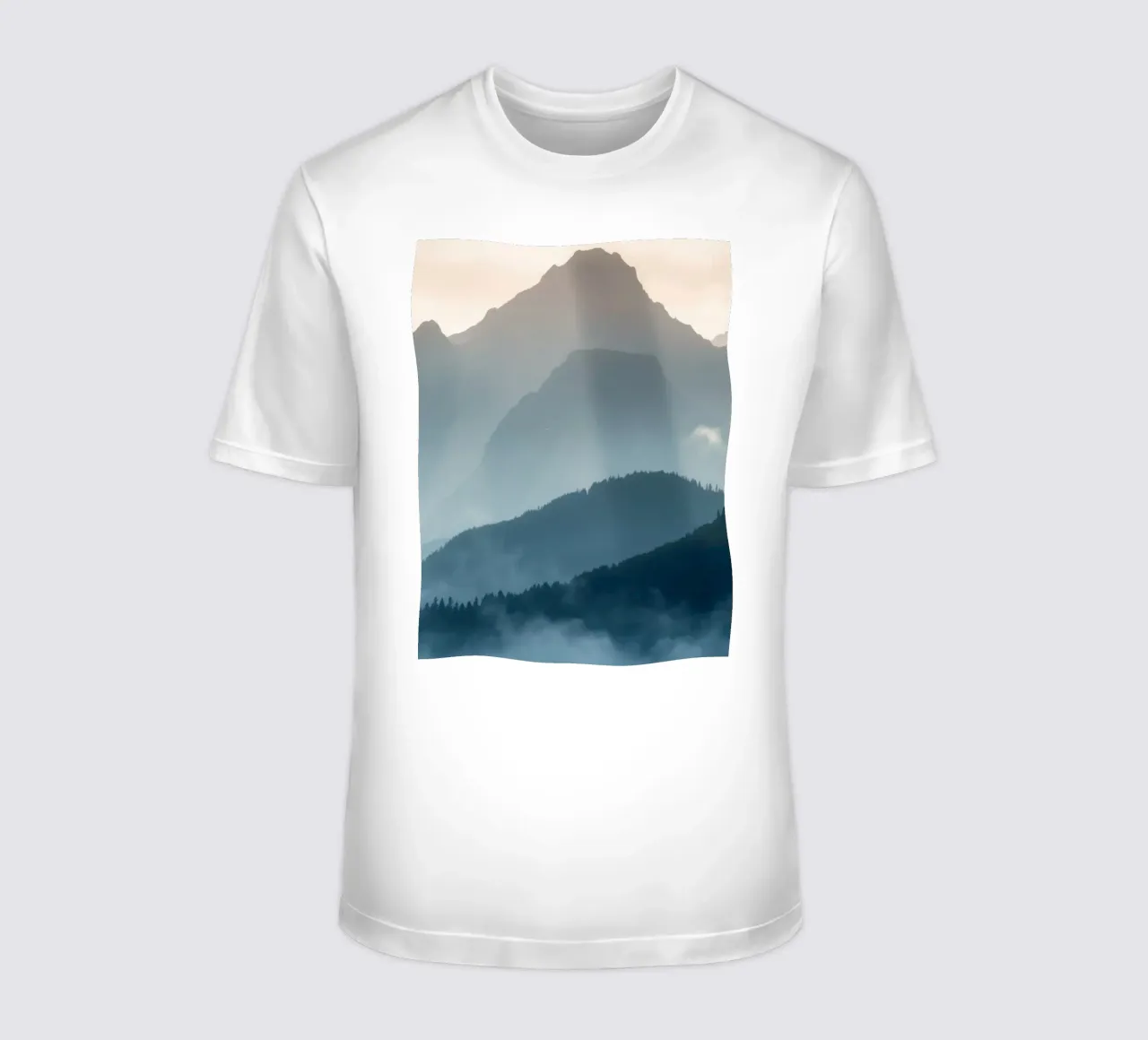 Beautiful mountain landscape with soft fog and gentle light t-shirt by DesignDoodle
