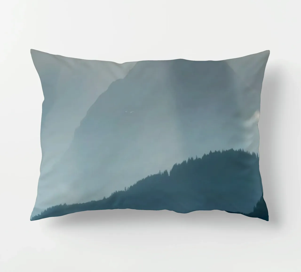 Beautiful mountain landscape with soft fog and gentle light decorative cushion by DesignDoodle