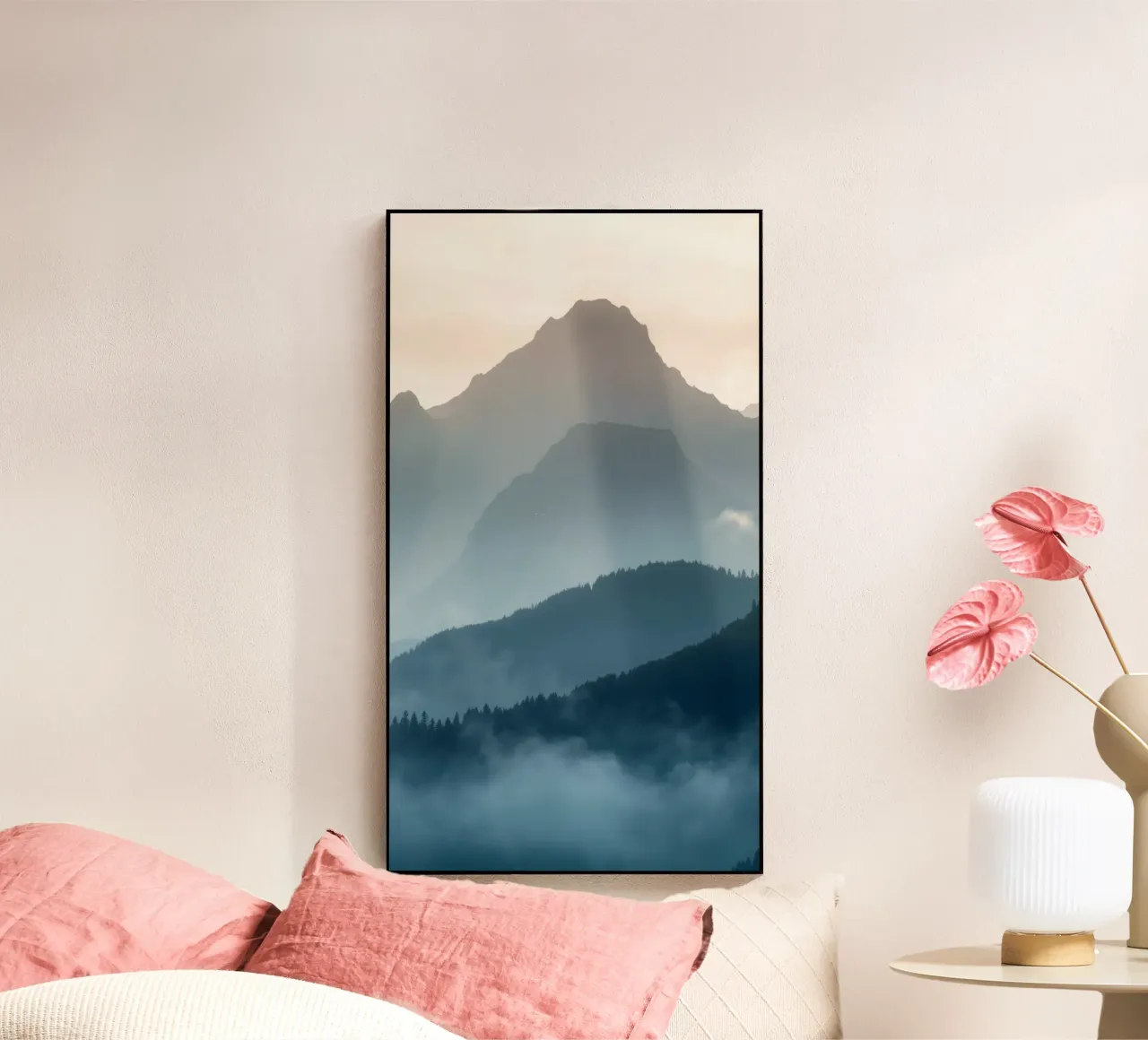 Beautiful mountain landscape with soft fog and gentle light acrylic glass by DesignDoodle