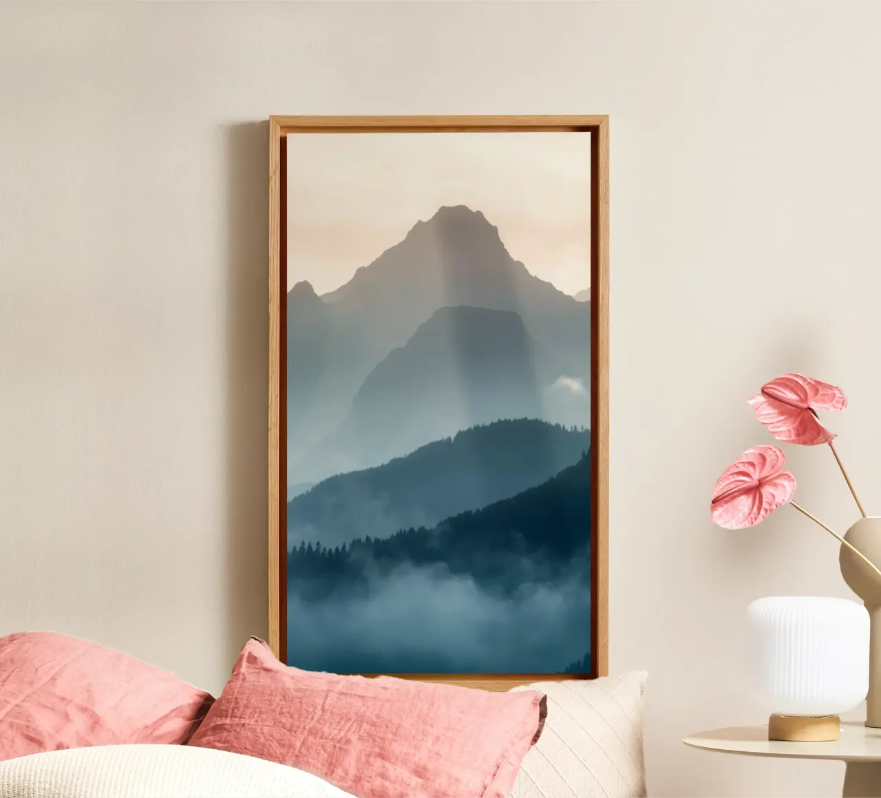 Beautiful mountain landscape with soft fog and gentle light canvas by DesignDoodle