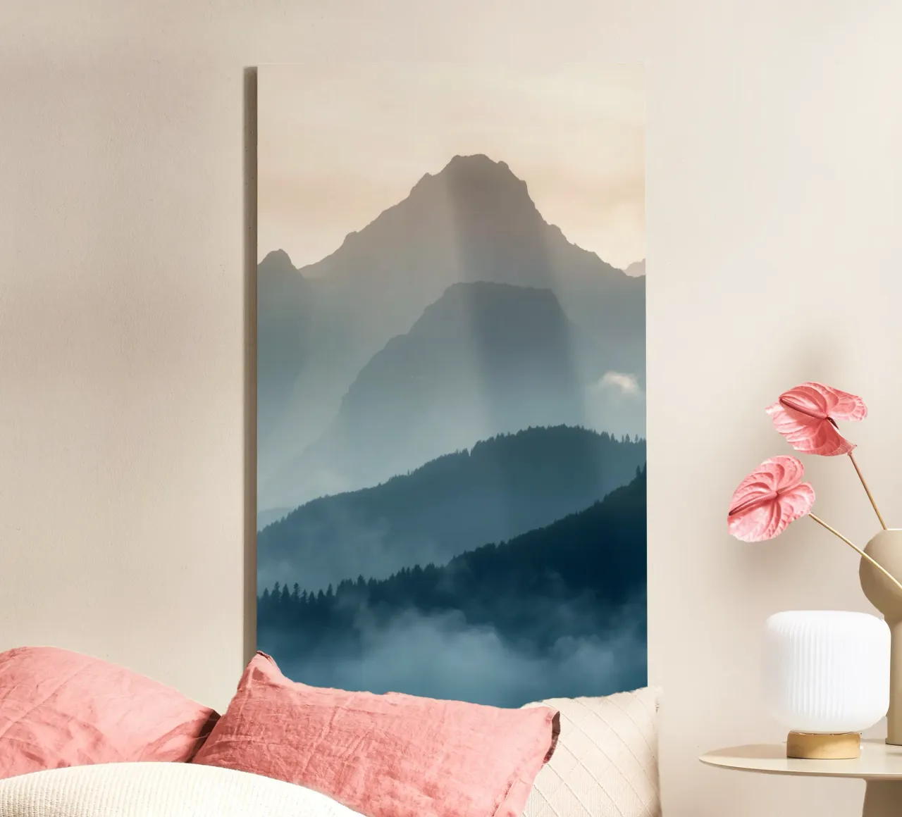 Beautiful mountain landscape with soft fog and gentle light canvas by DesignDoodle