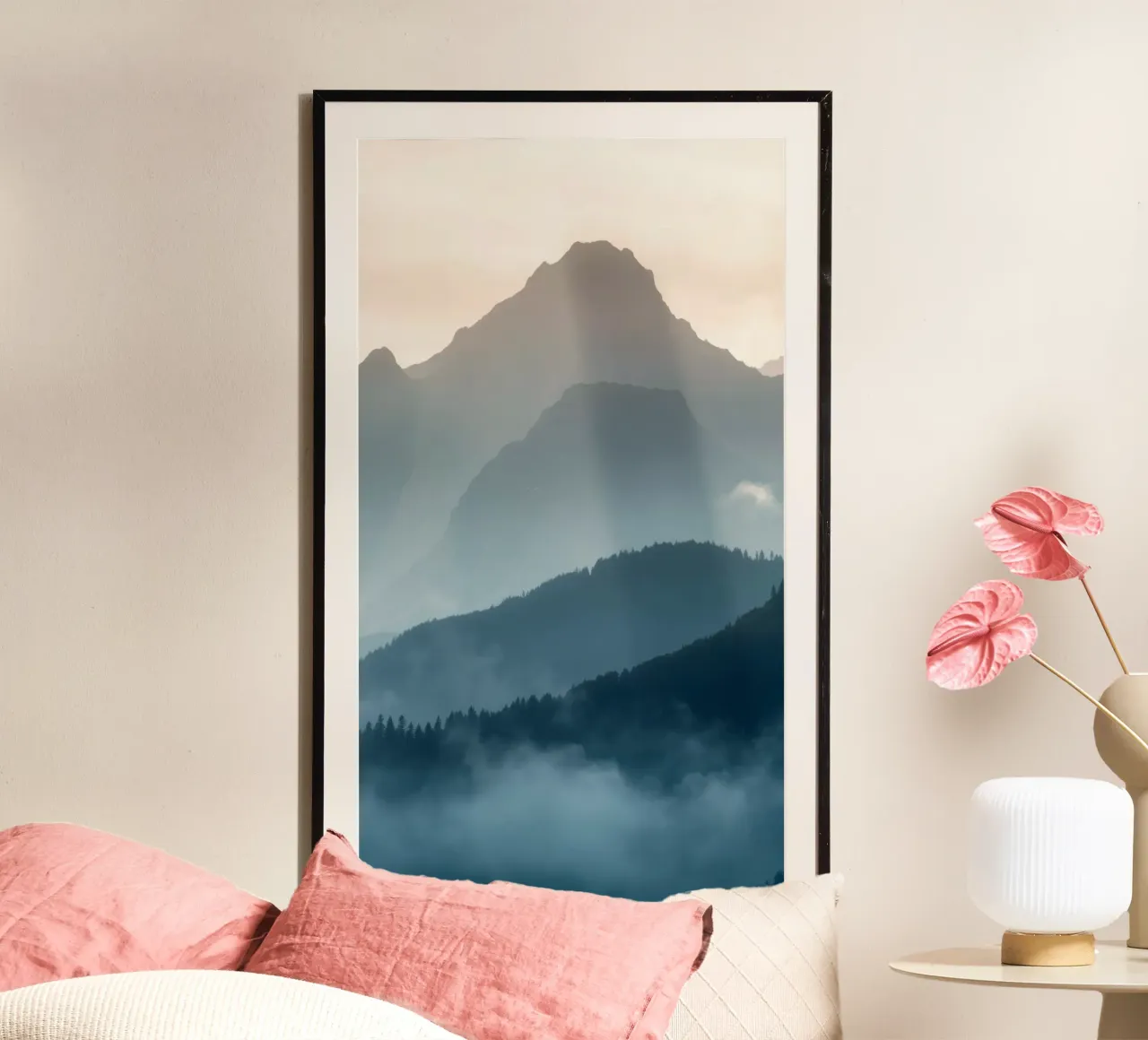 Magnifique paysage de montagne avec un léger brouillard et une lumière douce hahnemühle de DesignDoodle
