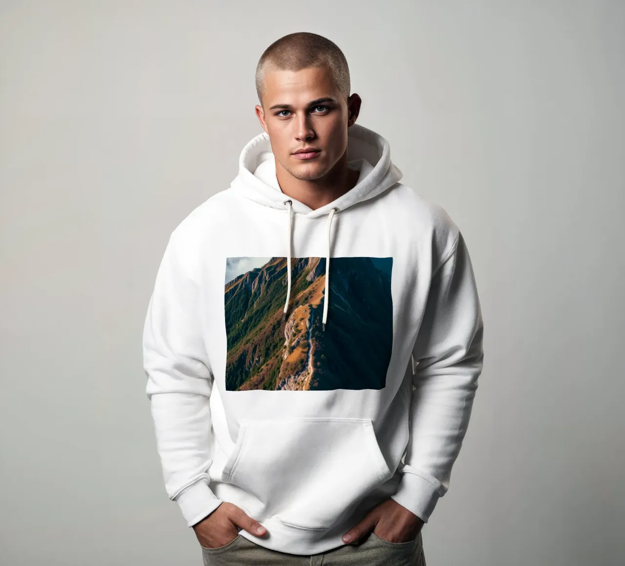 Paesaggio montano mozzafiato con una vegetazione lussureggiante e un'atmosfera drammatica. felpa con cappuccio da DesignDoodle
