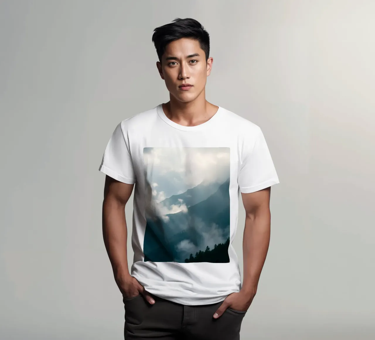 Paysage de montagne avec brume et nuages créant une atmosphère sereine. t-shirt de DesignDoodle