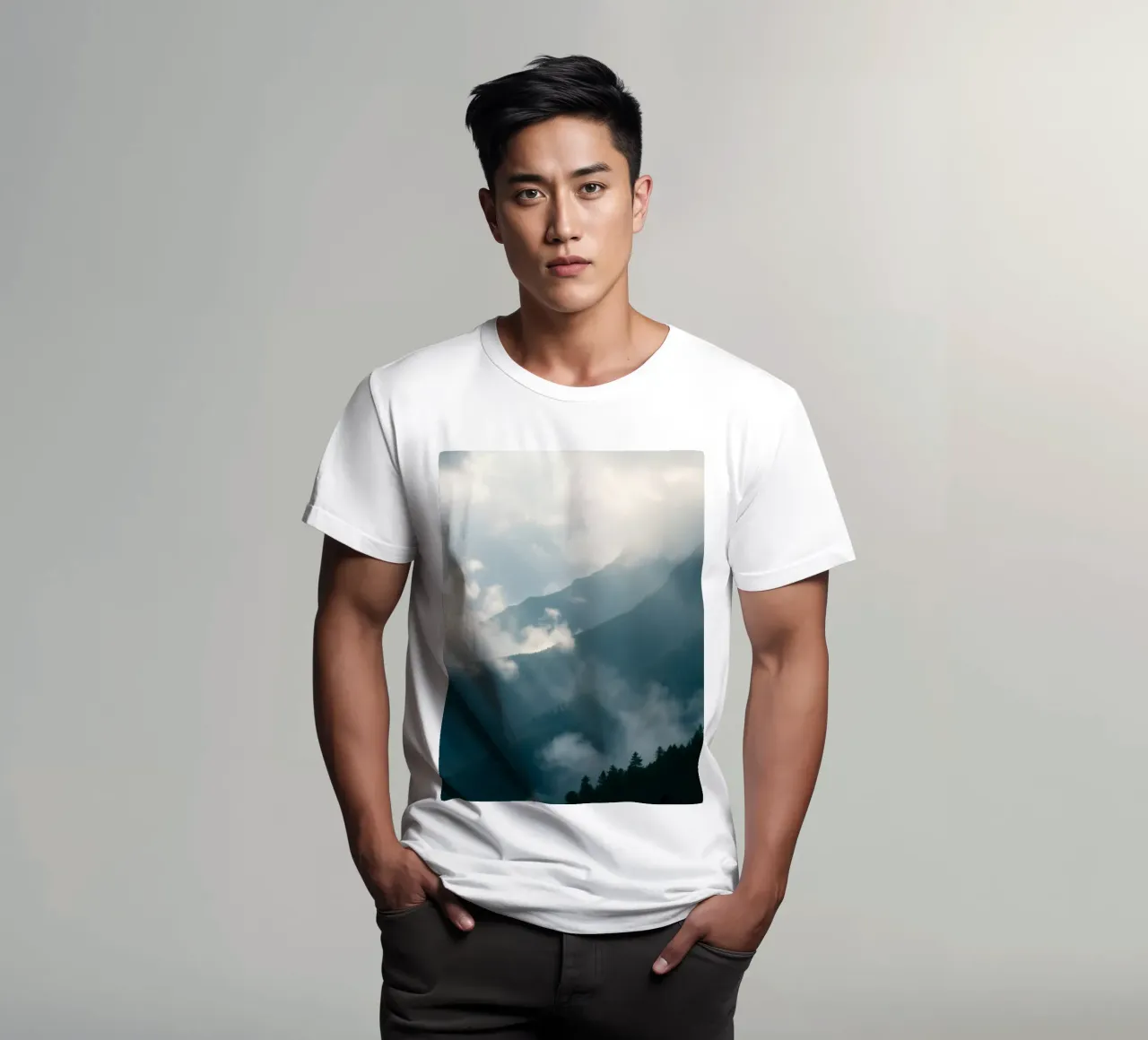 Mountain landscape with mist and clouds creating a serene t-shirt by DesignDoodle