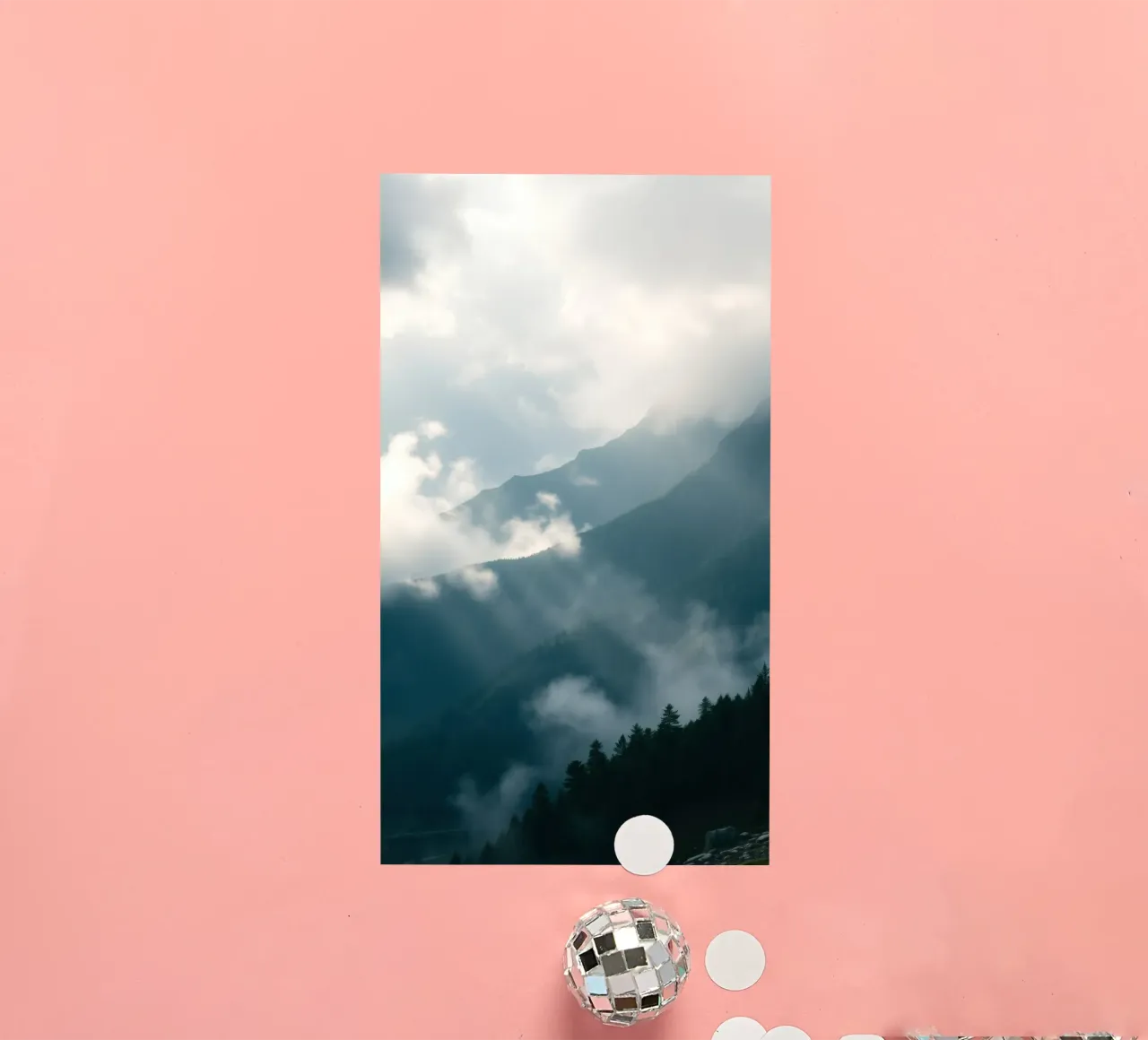 Mountain landscape with mist and clouds creating a serene sticker by DesignDoodle