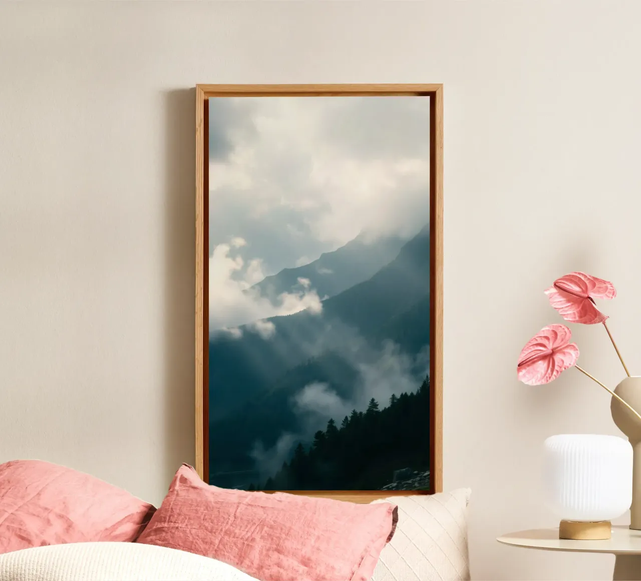 Mountain landscape with mist and clouds creating a serene canvas by DesignDoodle