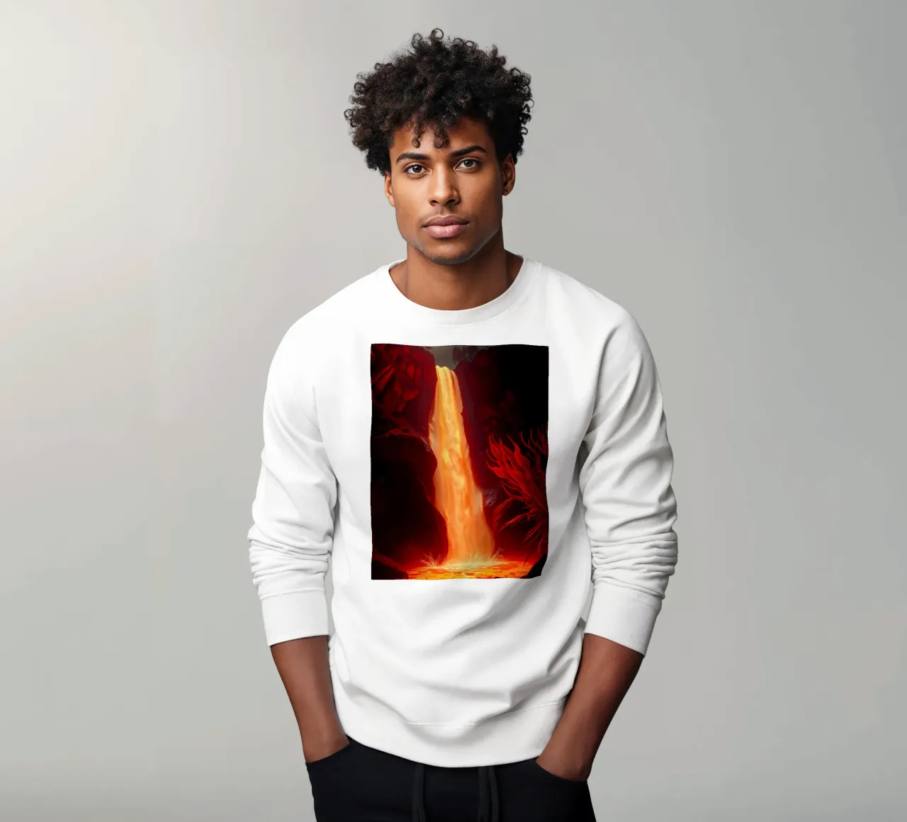 Mesmerizing lava waterfall illuminated by moonlight for stun sweatshirt by DesignDoodle