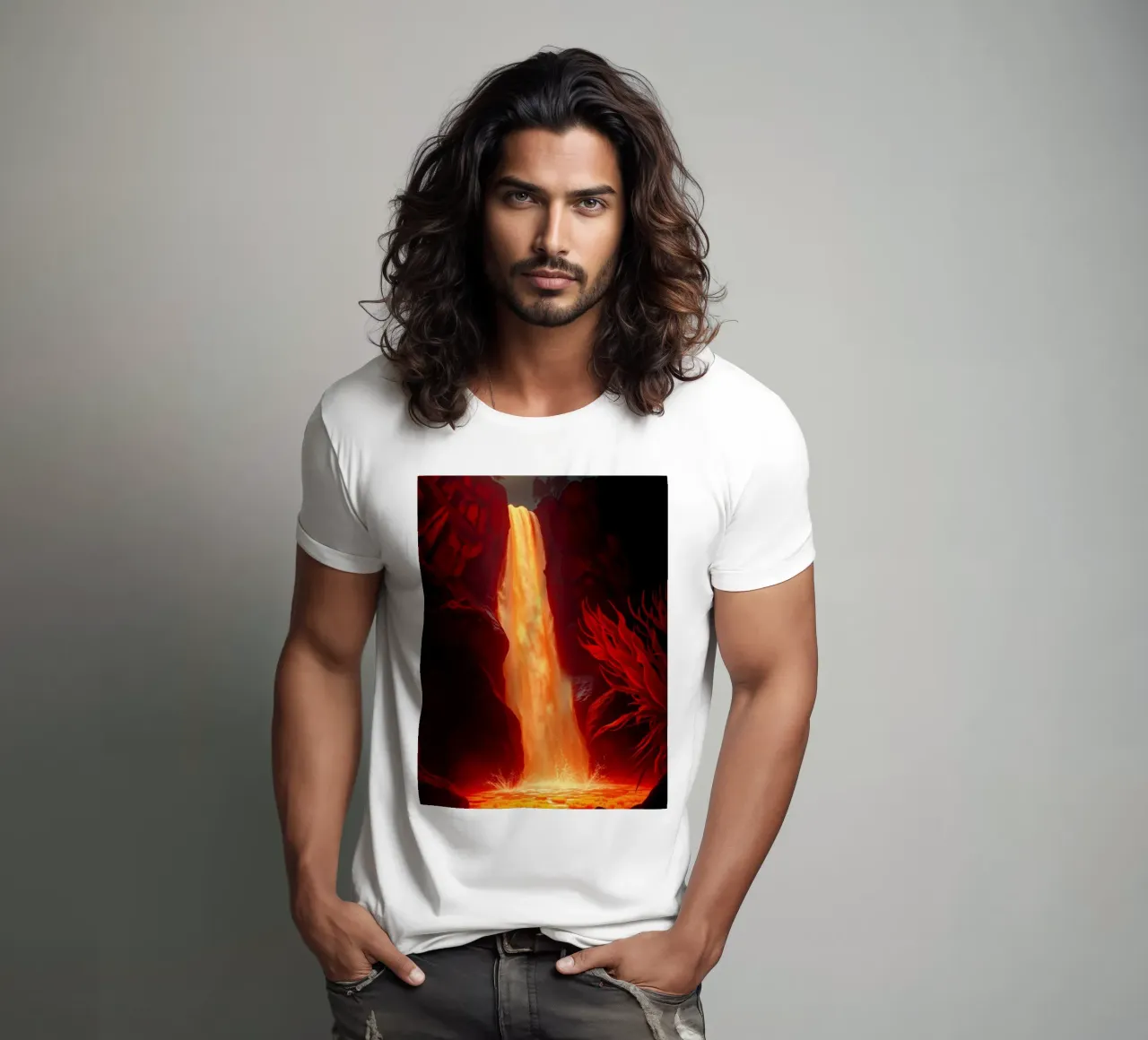 Mesmerizing lava waterfall illuminated by moonlight for stun t-shirt by DesignDoodle