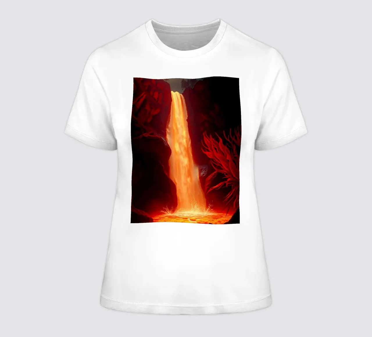 Mesmerizing lava waterfall illuminated by moonlight for stun women's fitted t-shirt by DesignDoodle