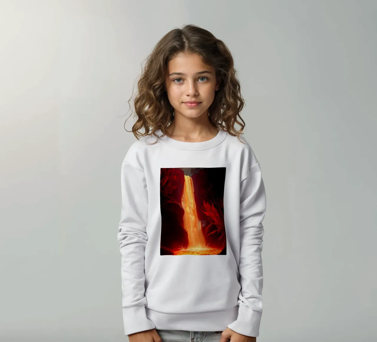 Mesmerizing lava waterfall illuminated by moonlight for stun kids sweatshirt by DesignDoodle