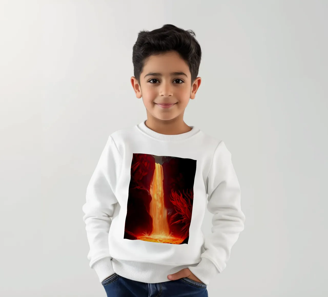 Mesmerizing lava waterfall illuminated by moonlight for stun kids sweatshirt by DesignDoodle
