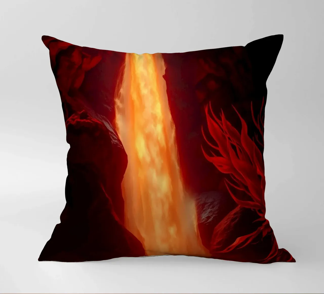 Mesmerizing lava waterfall illuminated by moonlight for stun decorative cushion by DesignDoodle