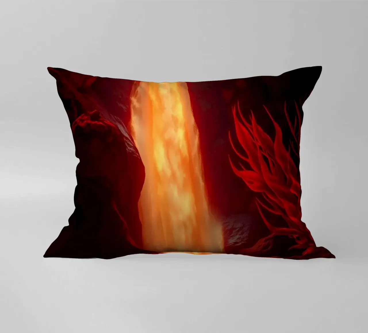 Mesmerizing lava waterfall illuminated by moonlight for stun decorative cushion by DesignDoodle
