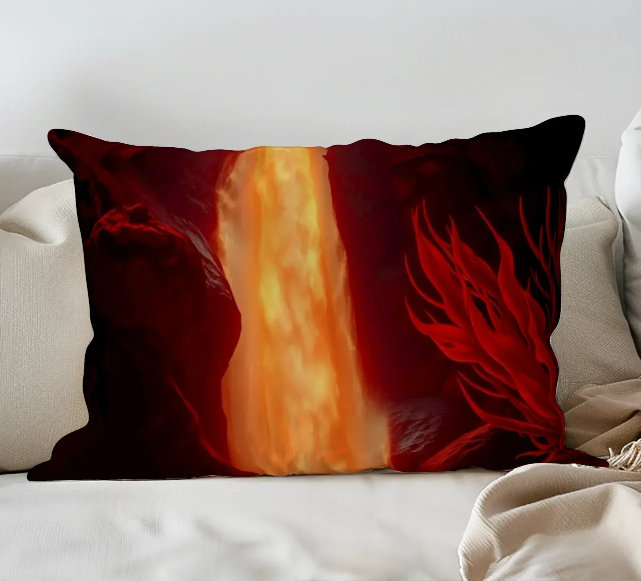 Mesmerizing lava waterfall illuminated by moonlight for stun decorative cushion by DesignDoodle
