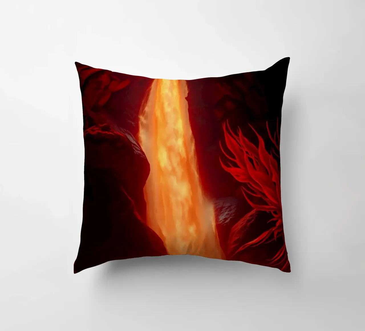 Mesmerizing lava waterfall illuminated by moonlight for stun decorative cushion by DesignDoodle
