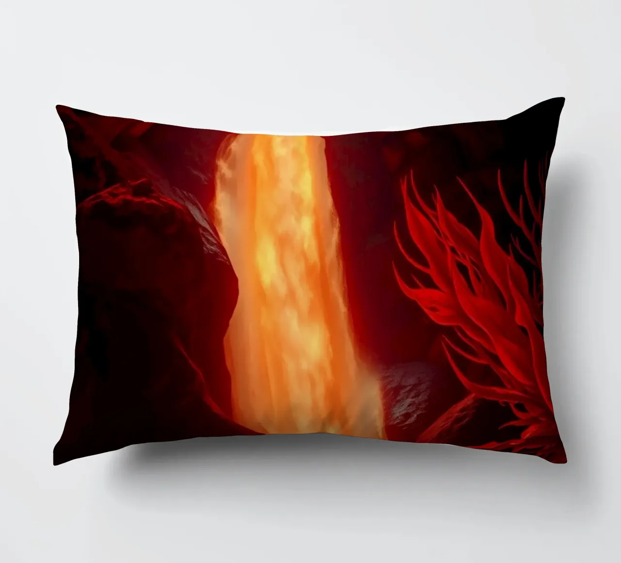 Mesmerizing lava waterfall illuminated by moonlight for stun decorative cushion by DesignDoodle
