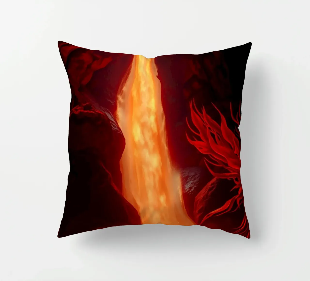 Mesmerizing lava waterfall illuminated by moonlight for stun decorative cushion by DesignDoodle