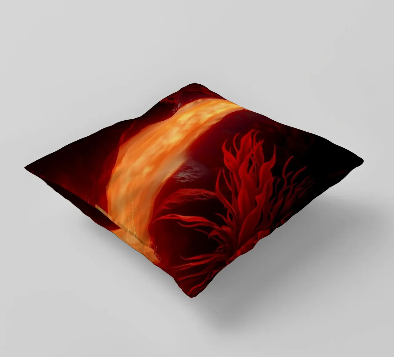 Mesmerizing lava waterfall illuminated by moonlight for stun decorative cushion by DesignDoodle