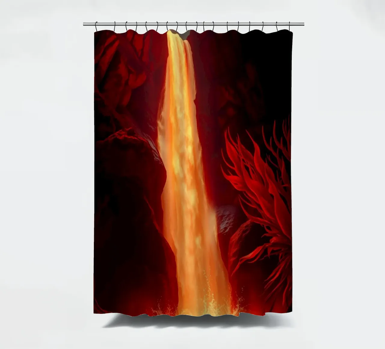 Mesmerizing lava waterfall illuminated by moonlight for stun shower curtain by DesignDoodle