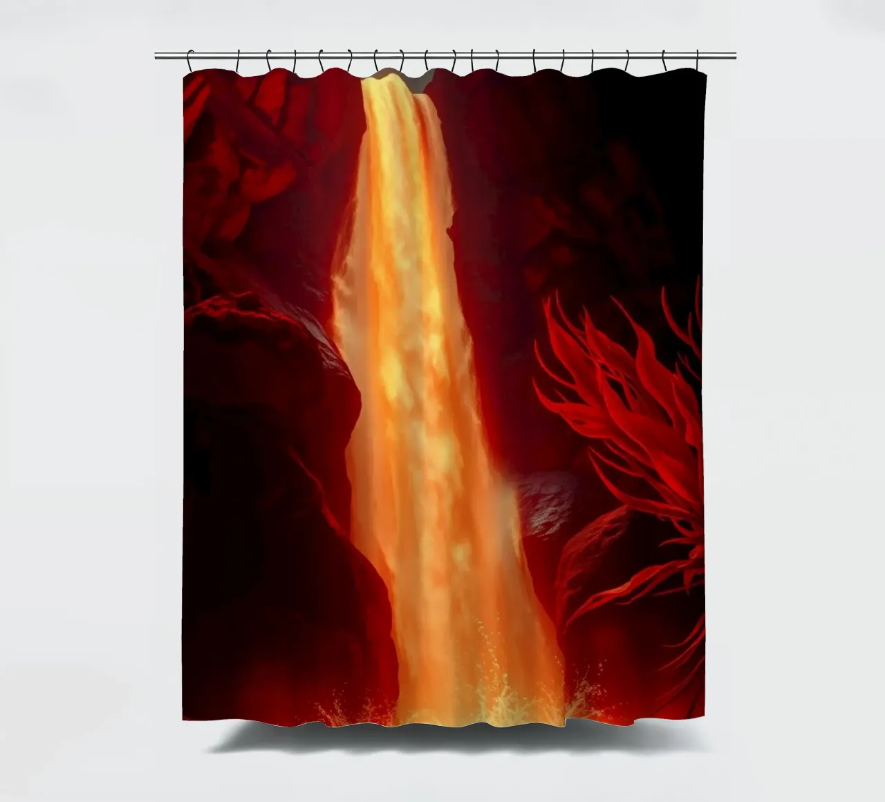 Mesmerizing lava waterfall illuminated by moonlight for stun shower curtain by DesignDoodle