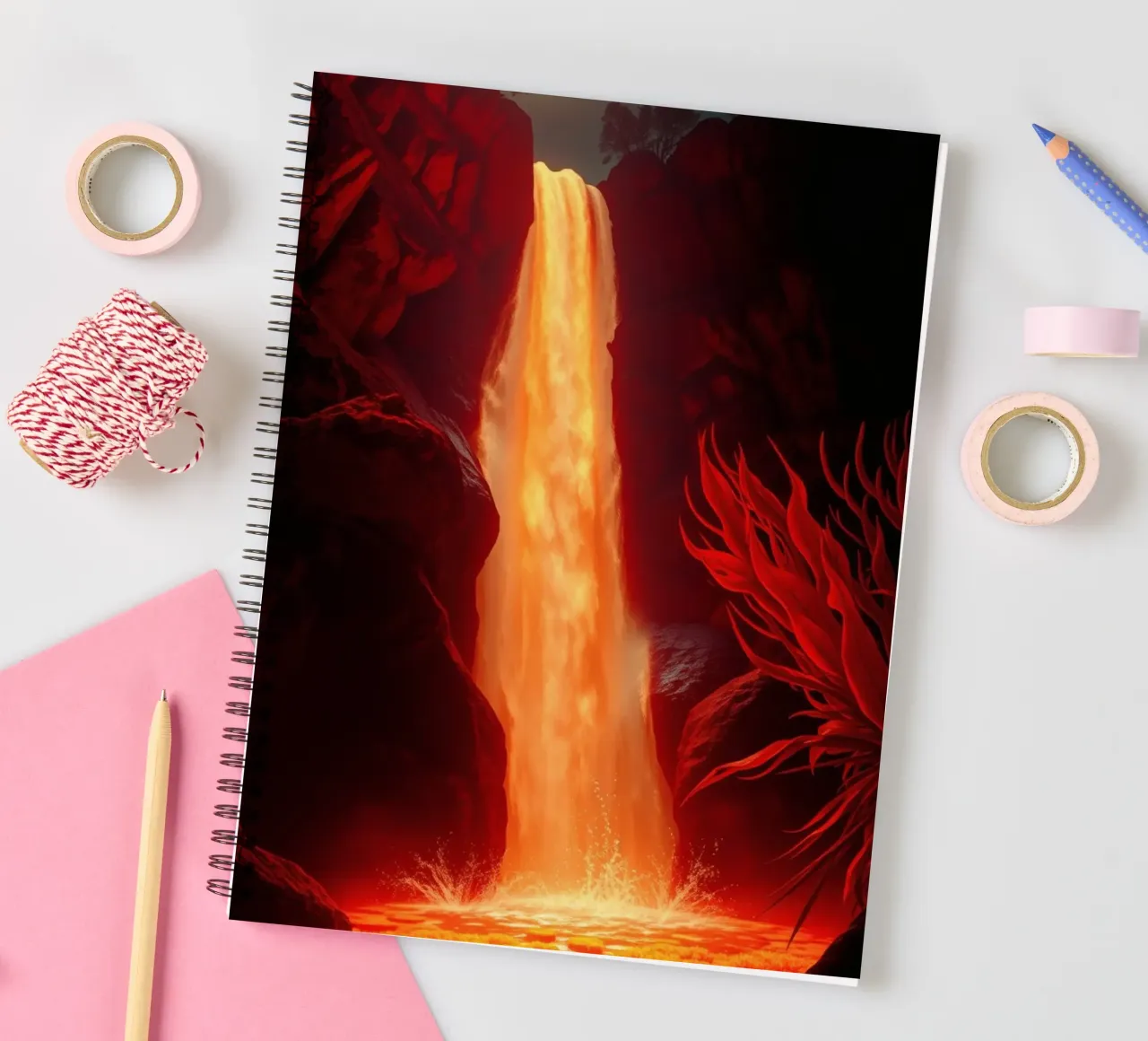 Mesmerizing lava waterfall illuminated by moonlight for stun spiral notebook by DesignDoodle