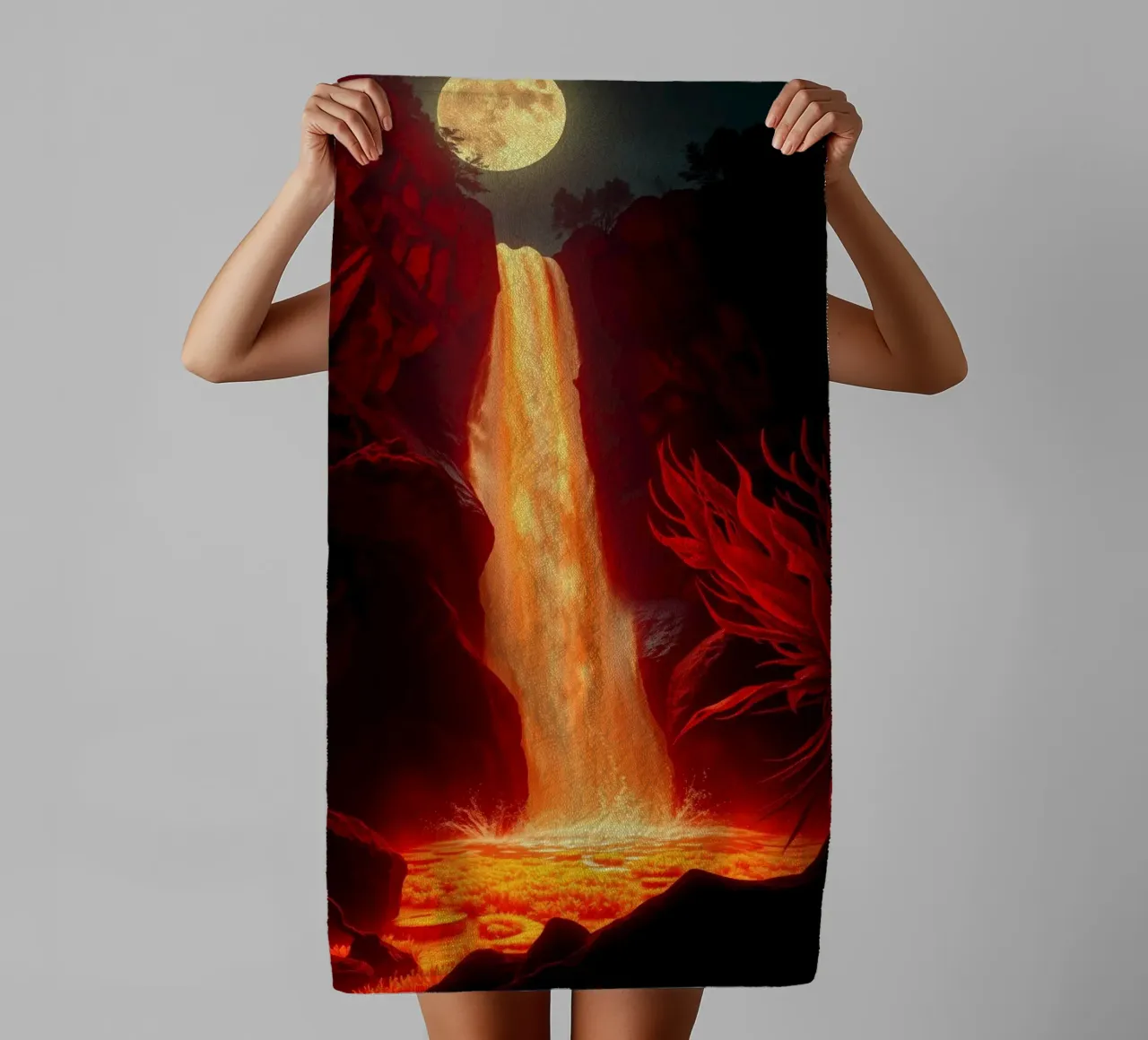 Mesmerizing lava waterfall illuminated by moonlight for stun towel by DesignDoodle