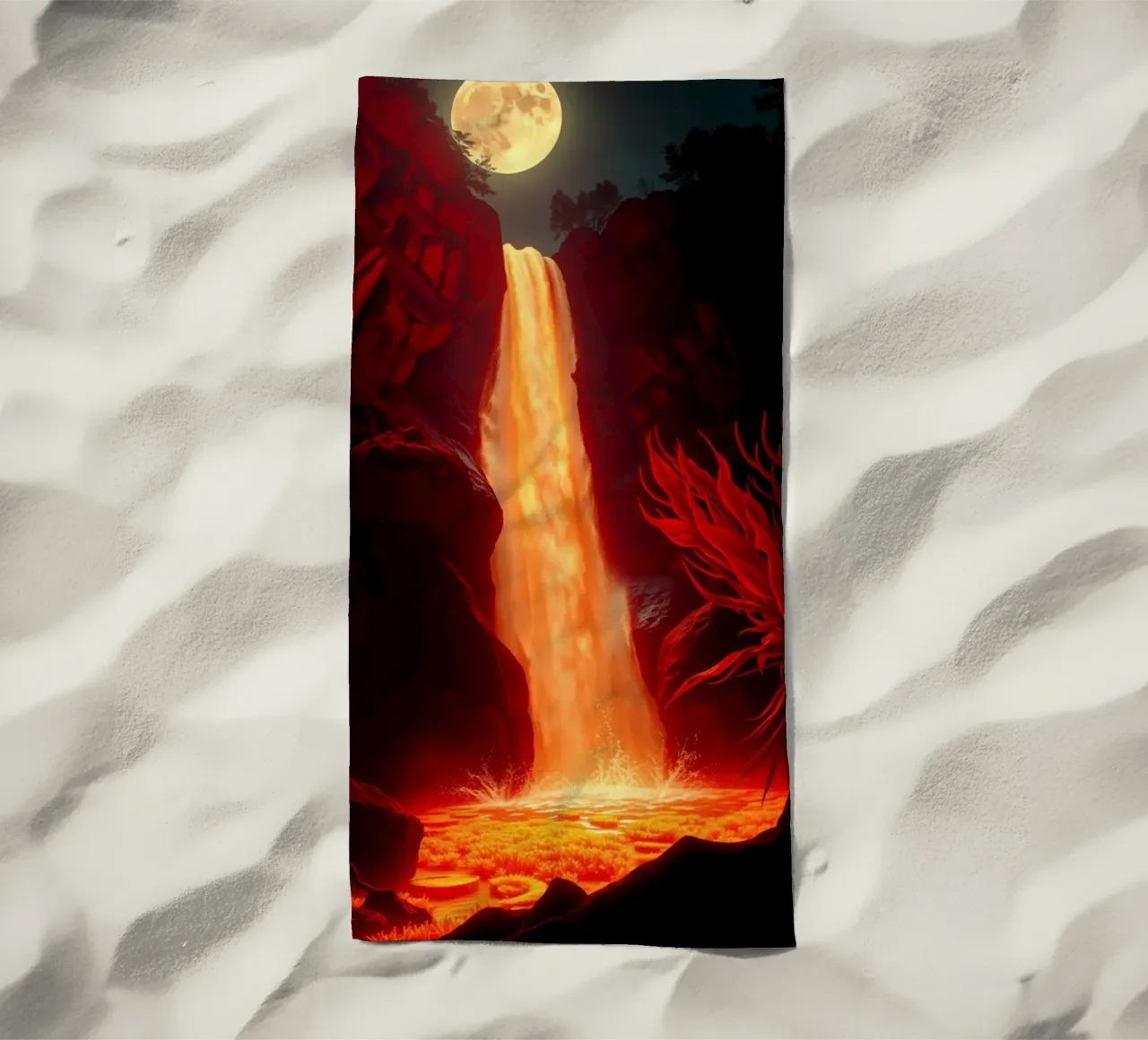 Mesmerizing lava waterfall illuminated by moonlight for stun beach towel by DesignDoodle