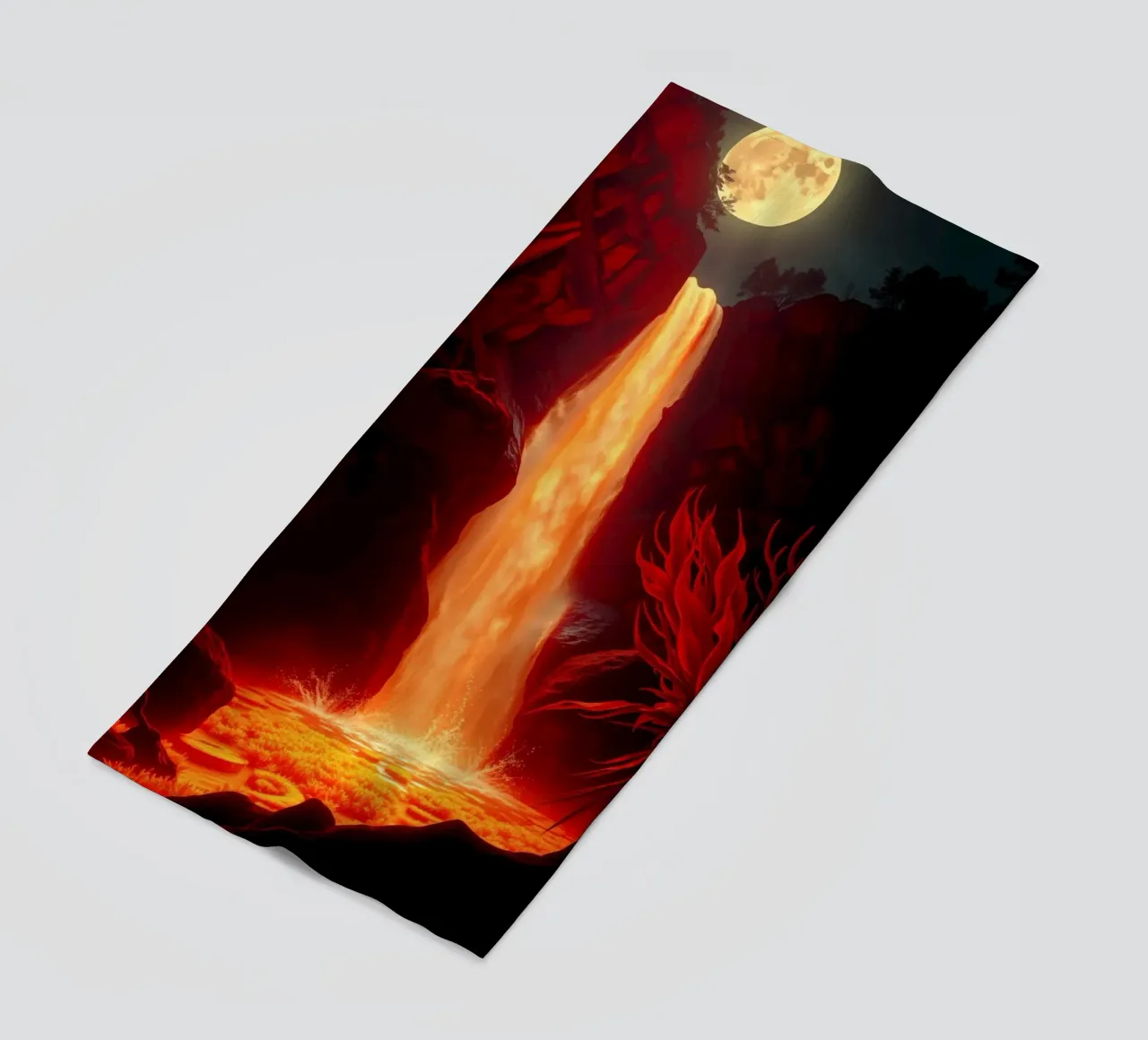 Mesmerizing lava waterfall illuminated by moonlight for stun beach towel by DesignDoodle
