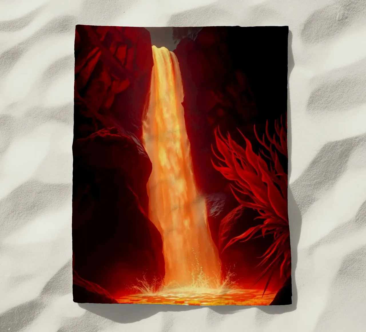 Mesmerizing lava waterfall illuminated by moonlight for stun beach towel by DesignDoodle