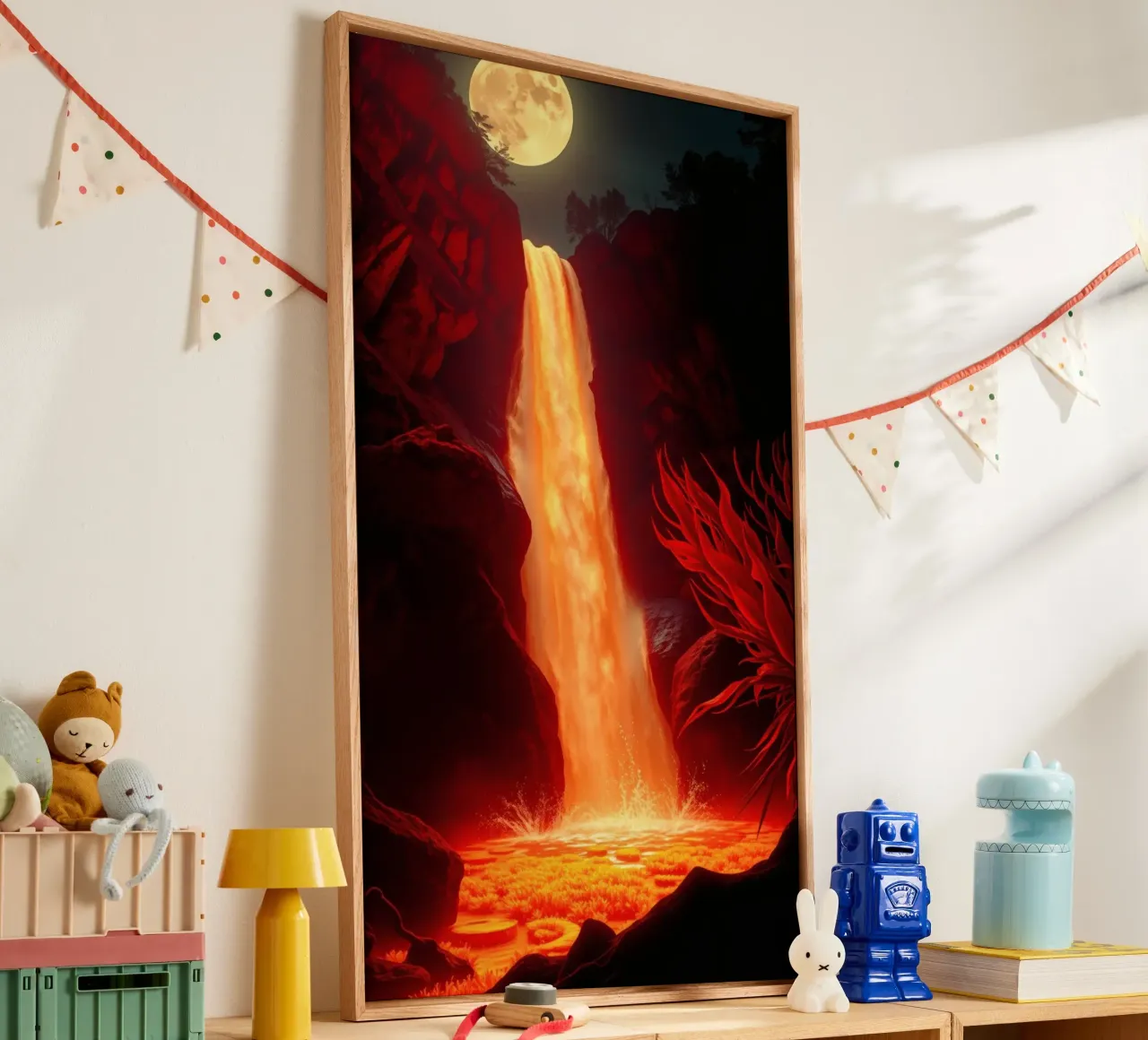 Mesmerizing lava waterfall illuminated by moonlight for stun canvas by DesignDoodle