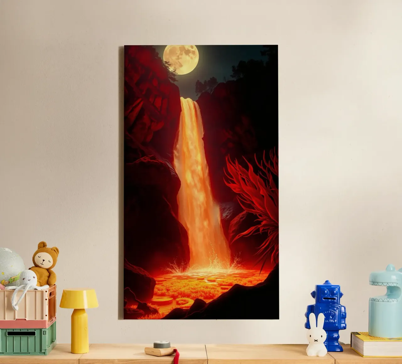 Mesmerizing lava waterfall illuminated by moonlight for stun canvas by DesignDoodle