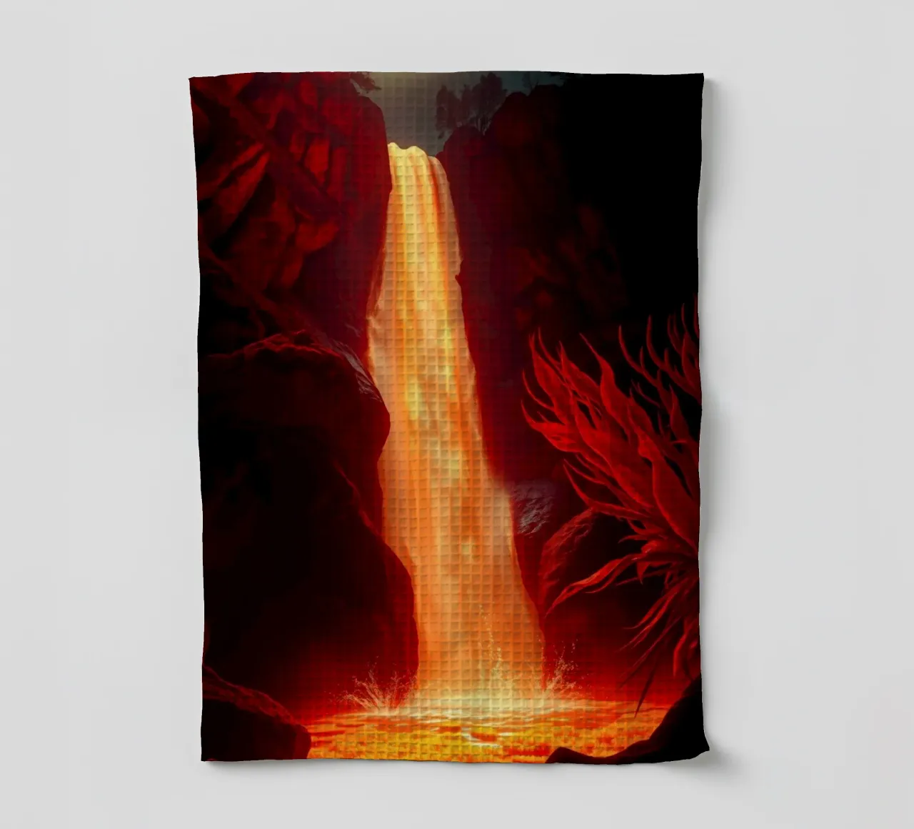 Mesmerizing lava waterfall illuminated by moonlight for stun tea towel by DesignDoodle