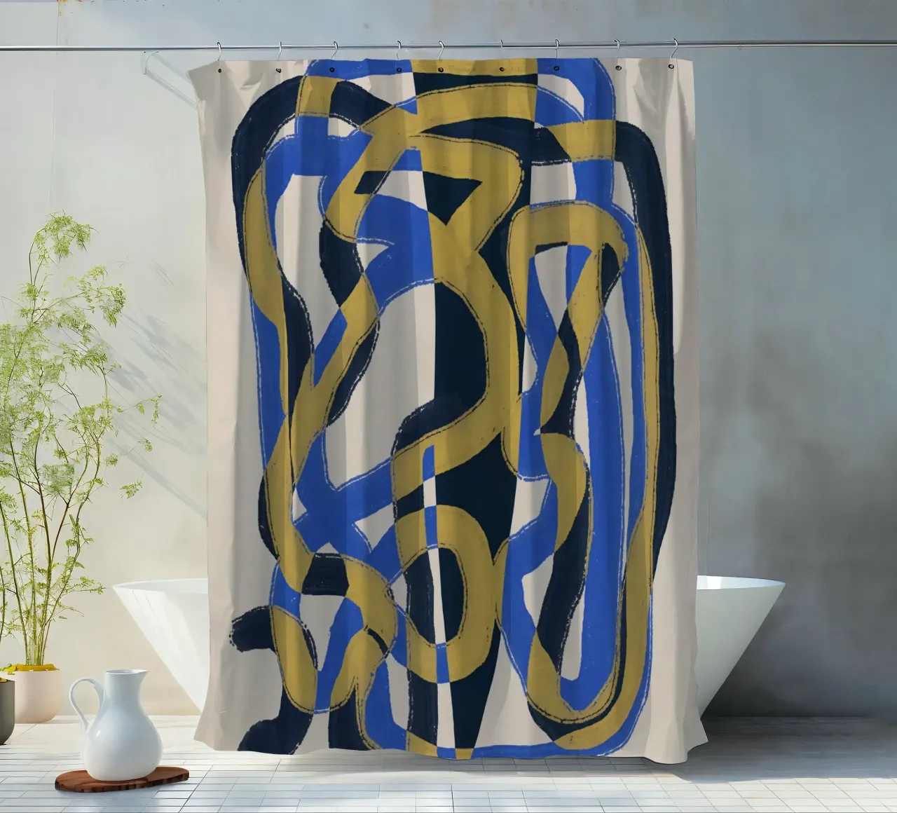 Abstrakte Linie deco blau und gelb Duschvorhang von Little Dean