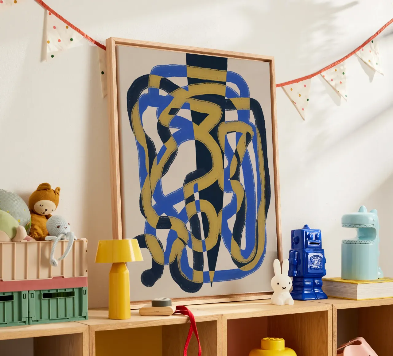 Abstract line deco blue and yellow canvas by Little Dean