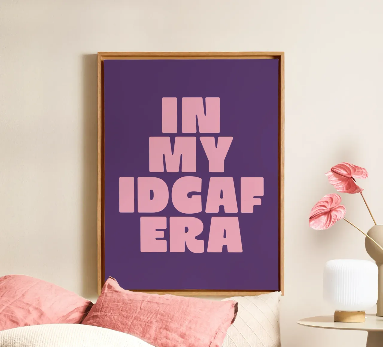 In My IDGAF Era Brutale Sarcastische Typografie Print in Roze canvas met Baklijst van THE MOTIVATED TYPE