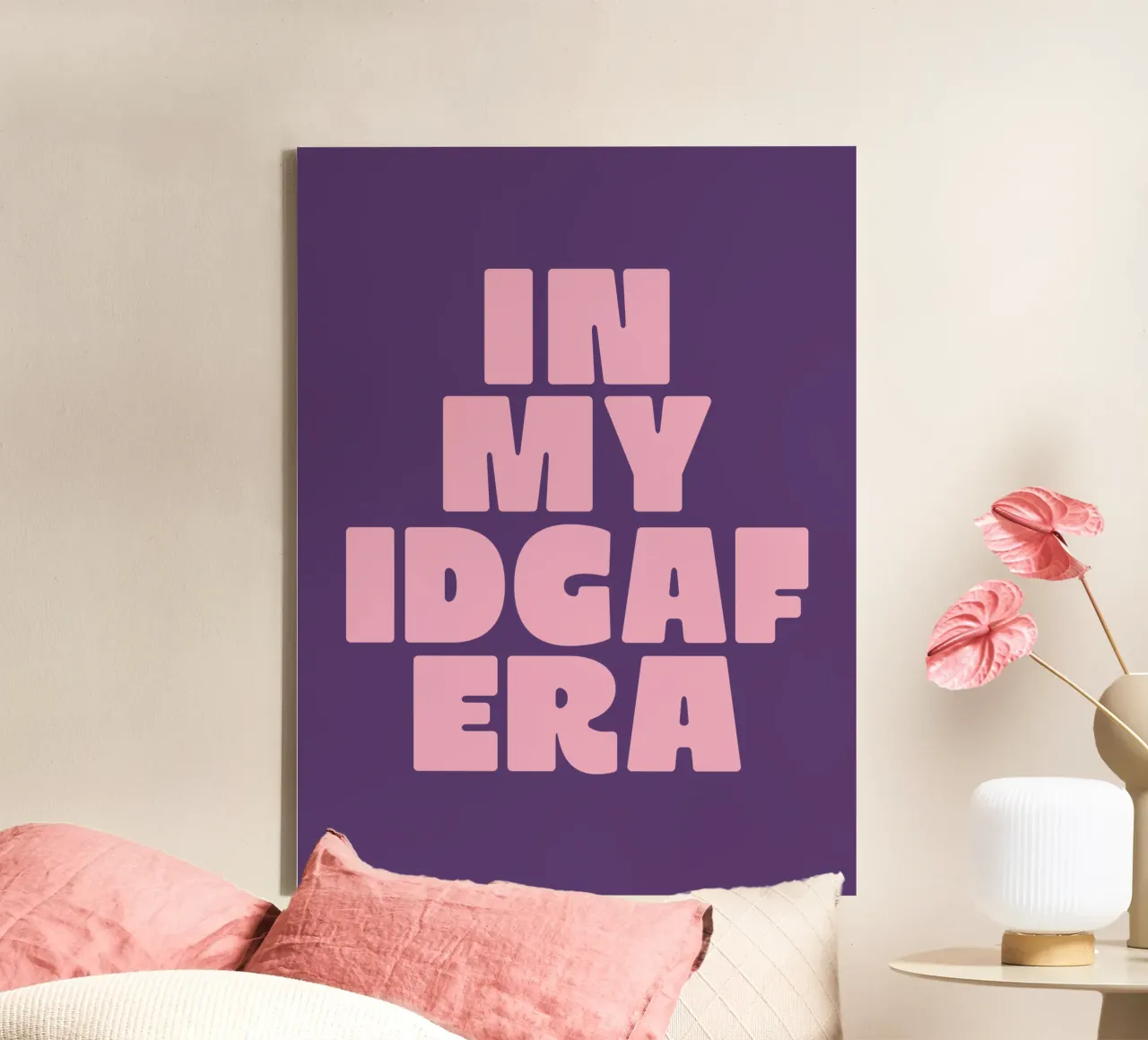 In My IDGAF Era Brutale Sarcastische Typografie Print in Roze canvas met Baklijst van THE MOTIVATED TYPE