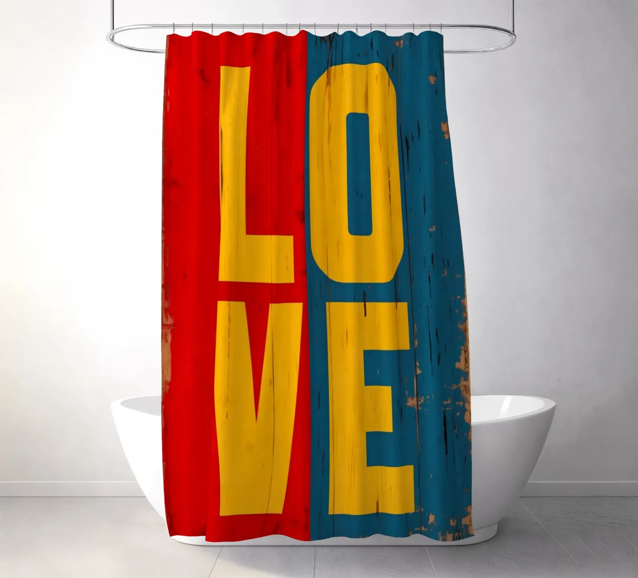 LOVE | Shabby Chic Retro colours on old wood shower curtain by Autofocus