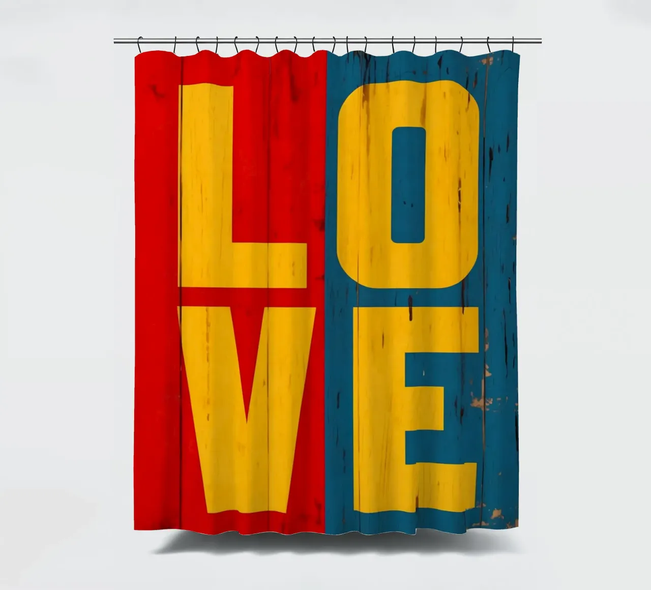 LOVE | Shabby Chic Retro colours on old wood shower curtain by Autofocus