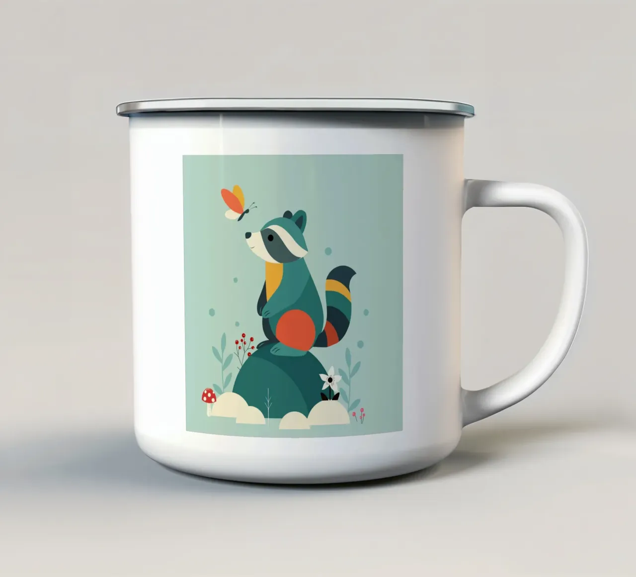 Procione e farfalla - simpatico disegno di animali della foresta tazza in smalto da namosh