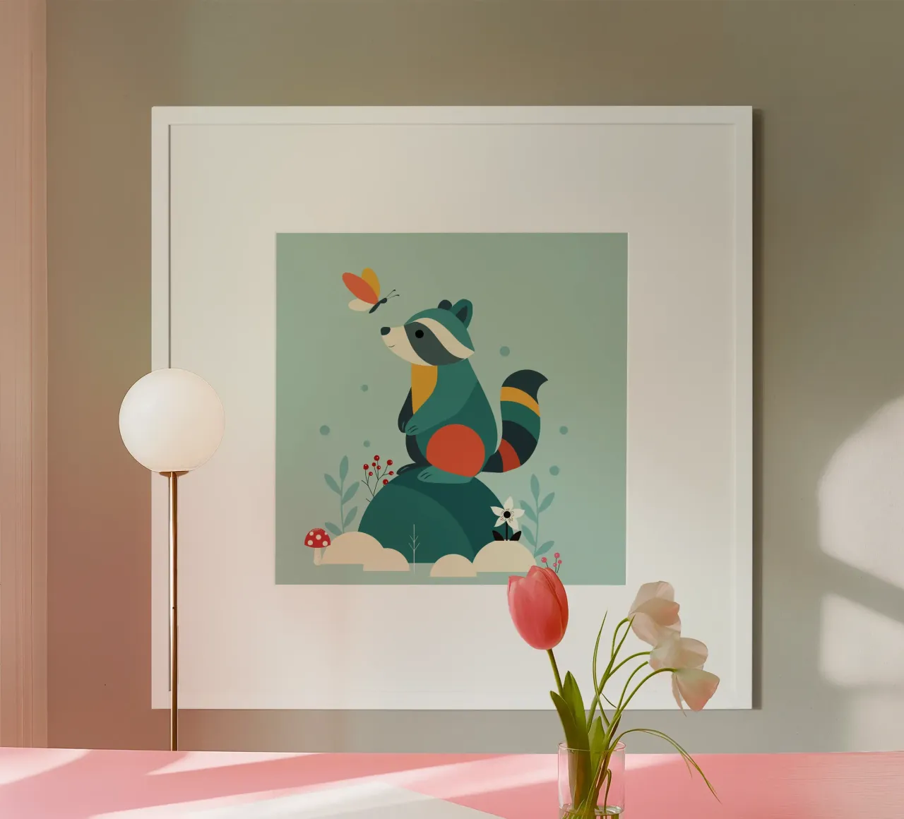 Procione e farfalla - simpatico disegno di animali della foresta poster con telaio in alluminio da namosh