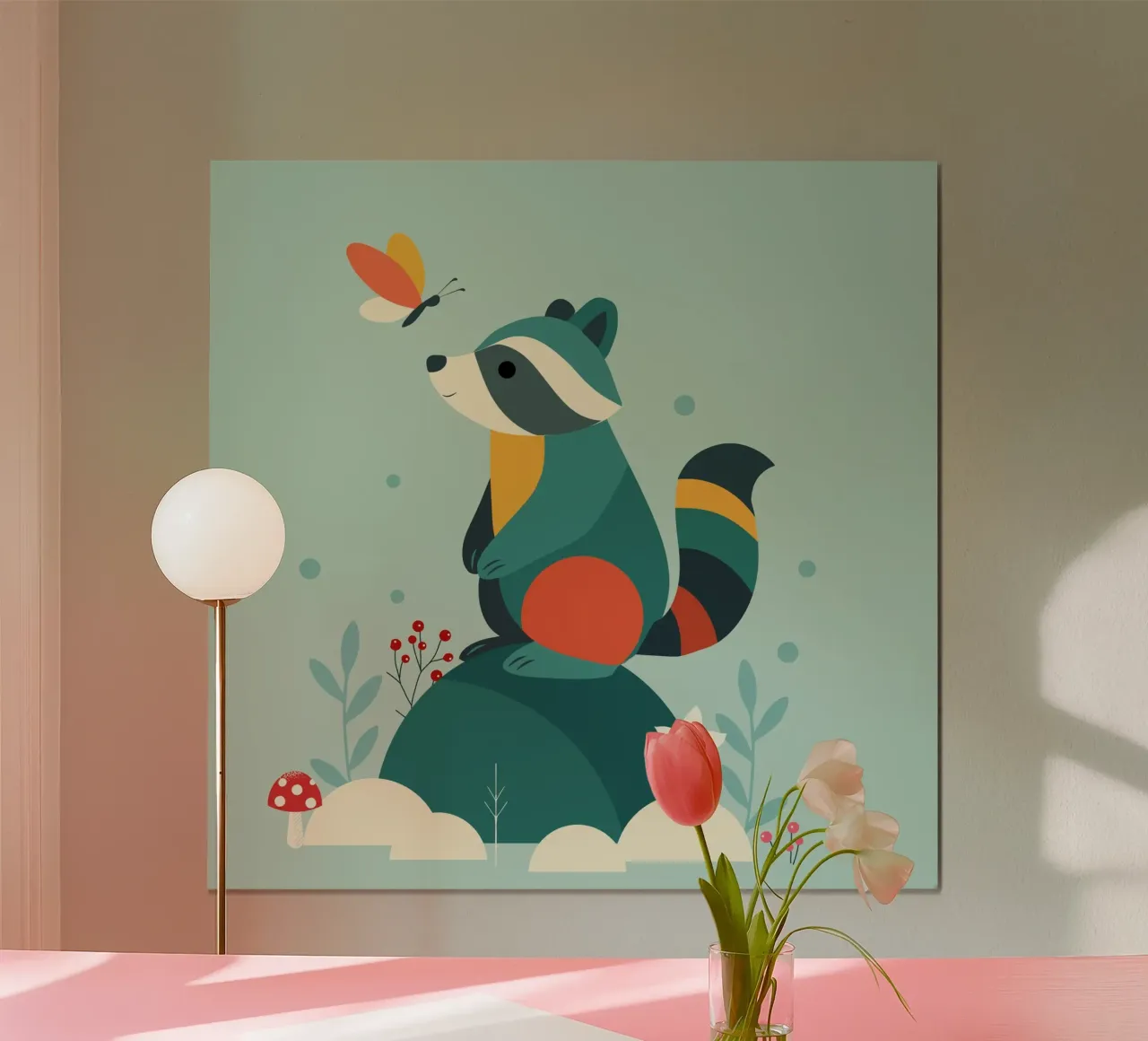 Procione e farfalla - simpatico disegno di animali della foresta poster con telaio in alluminio da namosh