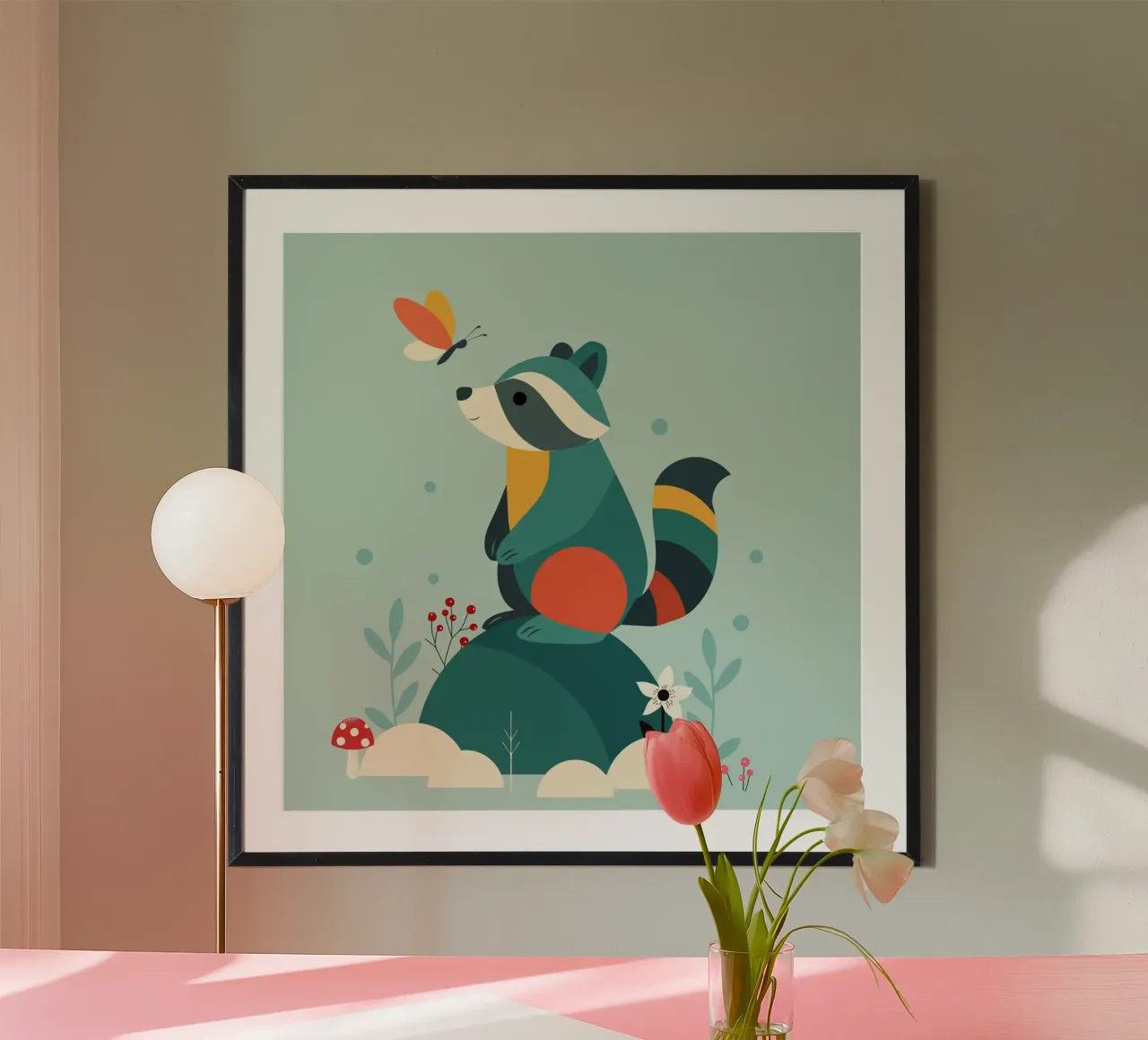 Procione e farfalla - simpatico disegno di animali della foresta poster con telaio in alluminio da namosh