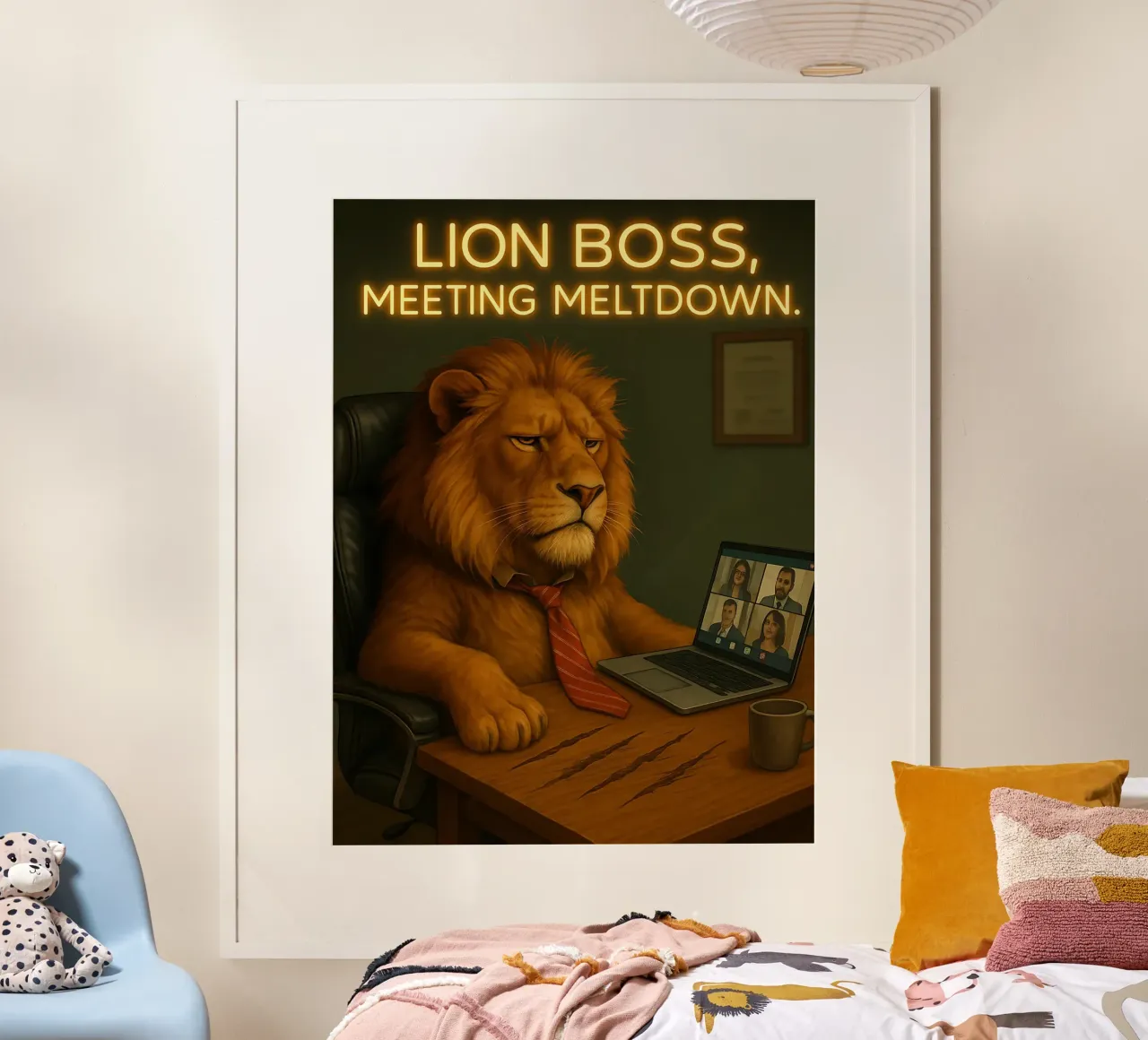 Divertente il meme del capo Lion poster con telaio in legno da Funny Humor Art
