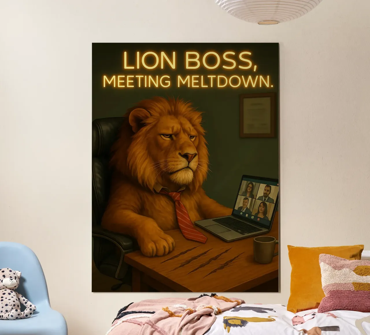 Divertente il meme del capo Lion poster con telaio in legno da Funny Humor Art