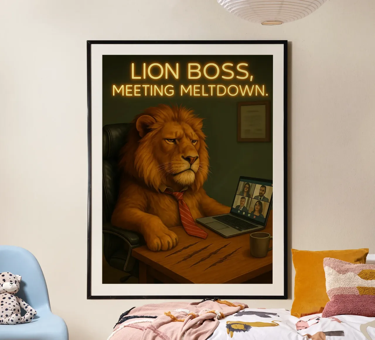 Divertente il meme del capo Lion poster con telaio in legno da Funny Humor Art