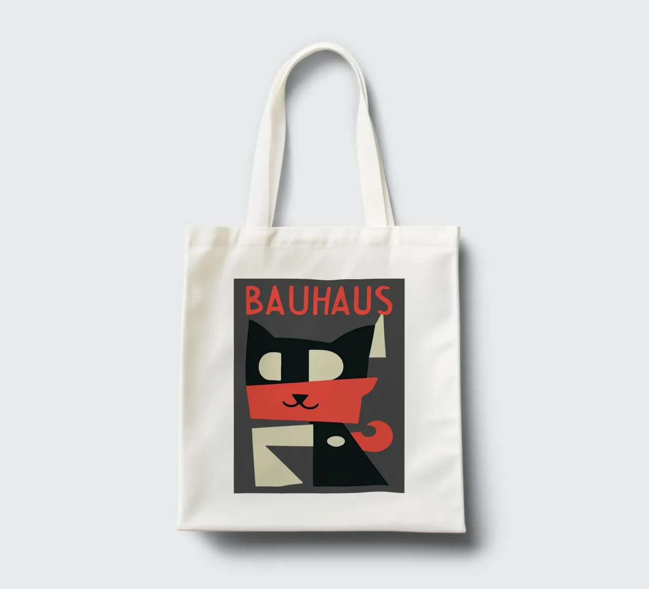 gatto forme geometriche sciarpa rossa borsa in juta da Janine P McGuire