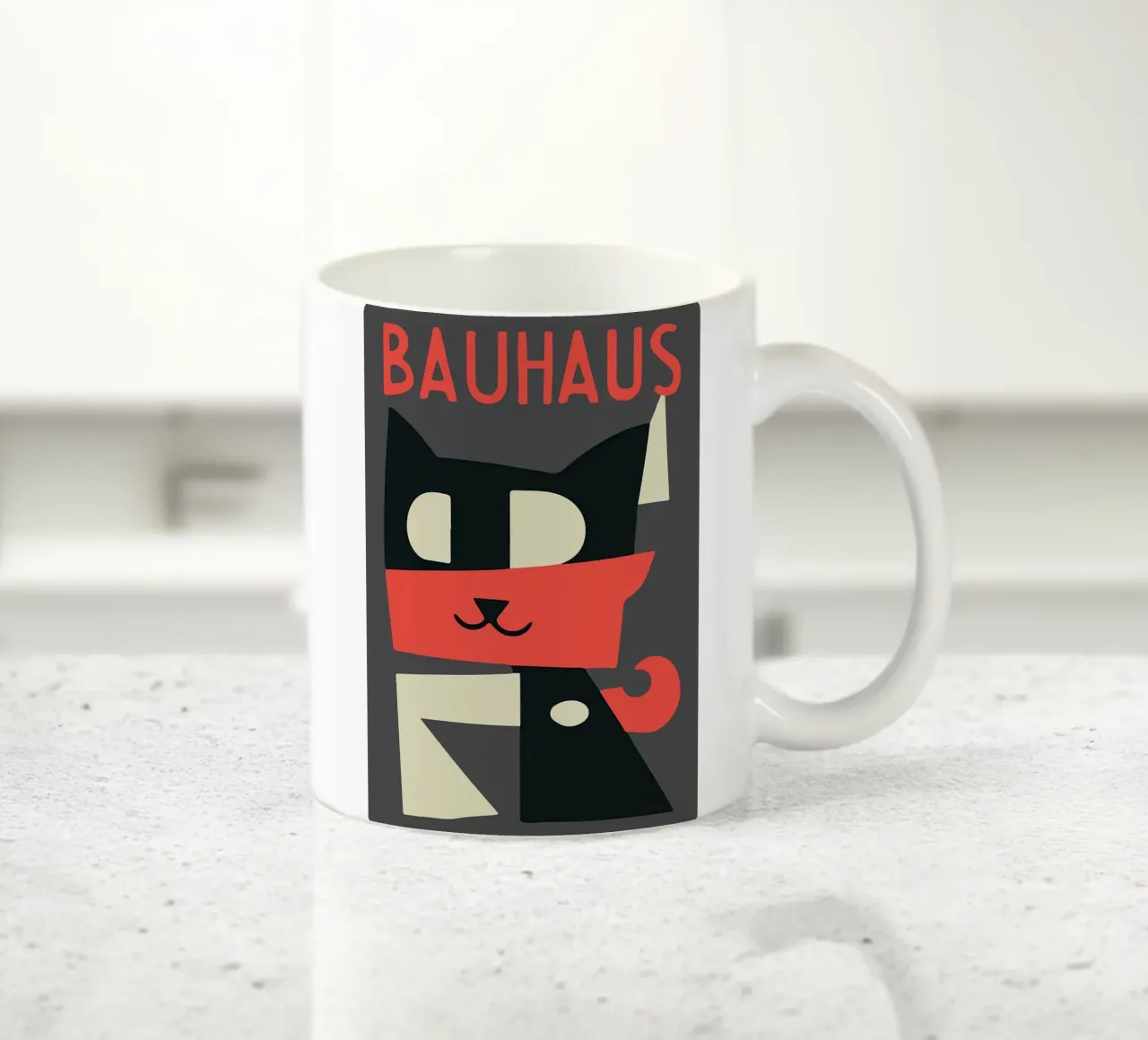 gatto forme geometriche sciarpa rossa tazza in ceramica da Janine P McGuire