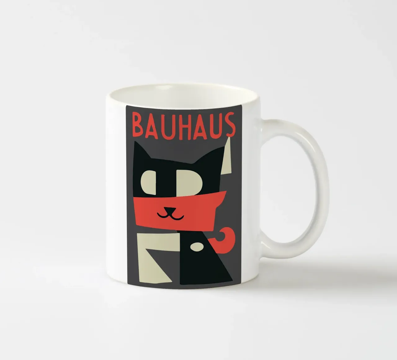 gatto forme geometriche sciarpa rossa tazza in ceramica da Janine P McGuire