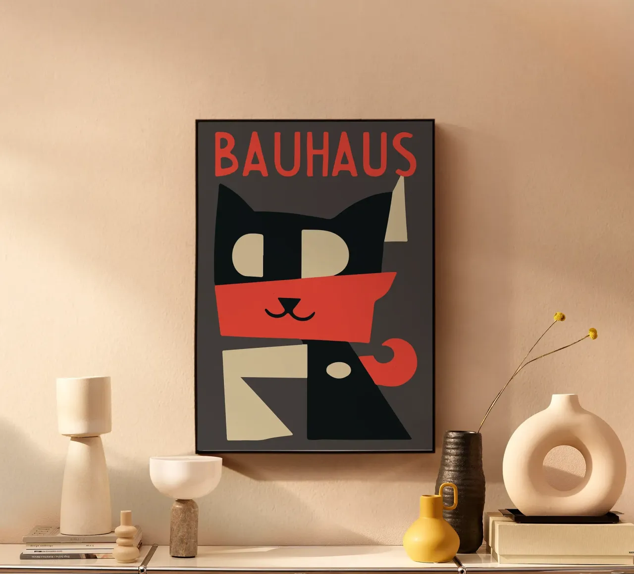 gatto forme geometriche sciarpa rossa plexiglass da Janine P McGuire